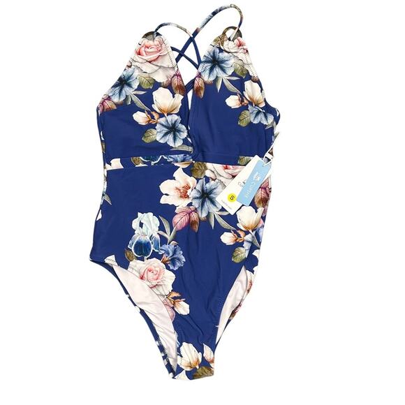 CUPSHE Blue Floral One Piece V-Neck Swimsuit Back Straps NEW! SZS - Picture 2 of 7